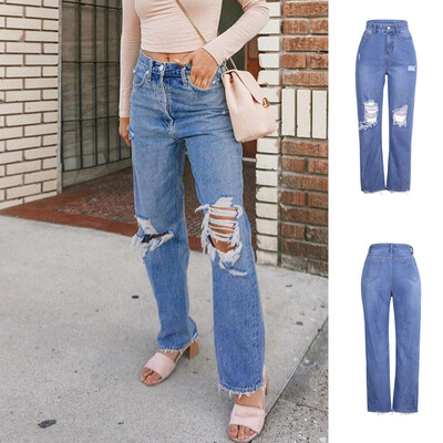 

Tailored Ladiesprinted Jeans Bottoms Hip Lift Overshoot Hole Nine-minute Pants