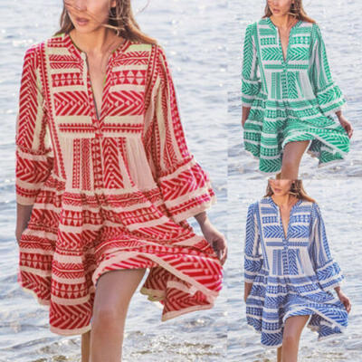 

Womens Ladies Boho Long Mini Dress Evening Party Beach Bodycon Dresses Sundress