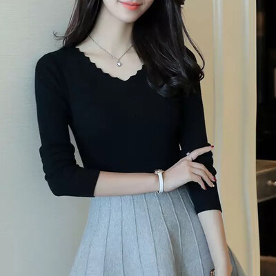 

Tailored Fashion Women Top V-Neck Pure Color Elegant Long Sleeve Casual Blouse