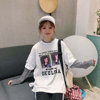 

Women Fake Two Pieces Slim Round Collar Summer Print Loose T-Shirt
