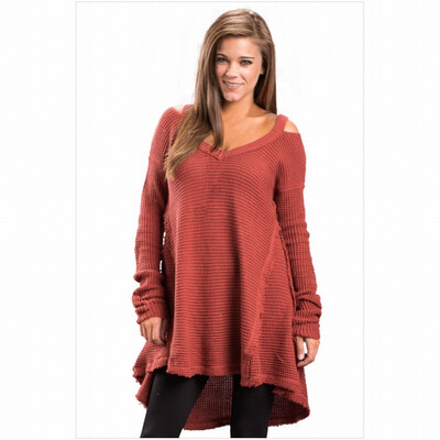 

V-neck long-sleeved off-the-shoulder sweater casual knit sweater womens