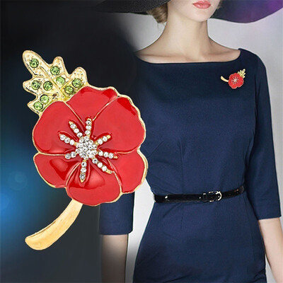 

Fahsion Women Red Poppy Brooch Pin Crystal Enamel Badges Poppies Green Leaves Decor Brooch