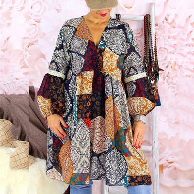 

Tailored Womens Party Plus Size Fashion V Neck Vintage Print Long Sleeve Print Mini Dress
