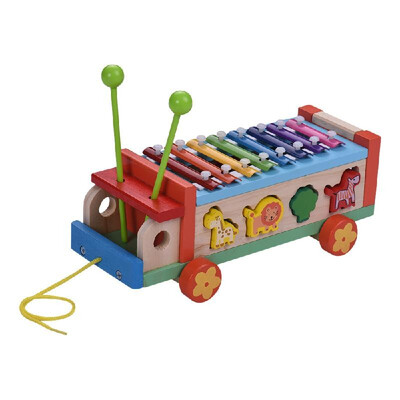 

Multifunctional Wooden Toy Car with 8 Notes Xylophone Glockenspiel 7 Cute Animal-shaped Blocks Early Educational Toy Percussion In