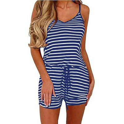 

Tailored Women Casual Spaghetti Strap Adjustable Waist Drawstring Short Jumpsuit Romper