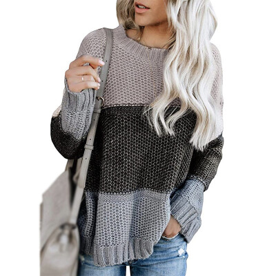 

Women Winter Sweaters Splicing Pullover Tops Round Collar Jumper Casual Knitwear