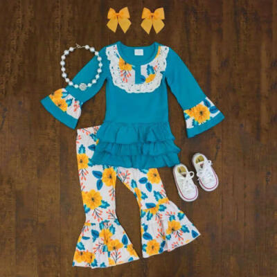 

US Kids Baby Girl Clothes Lace Flared Sleeve Ruffle TopsFloral Pants Outfit Set