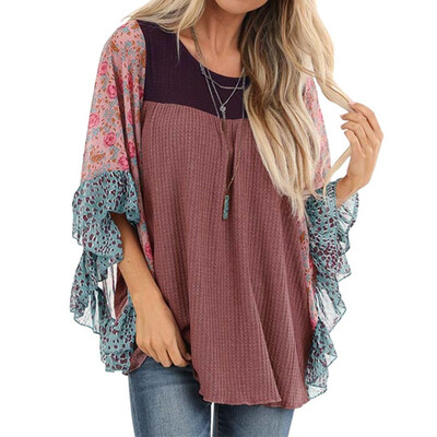 

2019 Autumn Women Fashion Bat sleeve Printing Splice O-neck Long sleeve knitting Sweater