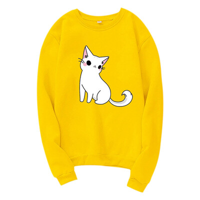 

Women Casual All-match Cartoon Cat Print Autumn Winter Velvet Loose Capless Round Neck Sweatershirt