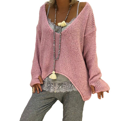 

Plus Size Loose Women Solid Color V Neck Long Sleeve Sweater Irregular Jumper