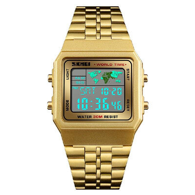 

LED Digital Sports Mens Watch Count Down World Time Stainless Steel Waterproof Square Wrist Watches Multifunction Fashion Wristwa