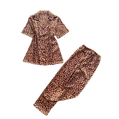 

Toponeto Women Simulation Silk Leopard Print Sleepwear Long Trousers Nightwear Set