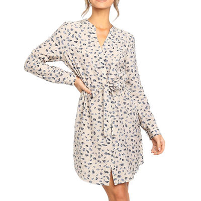 

Women Autumn Concise Casual All-match Long Sleeve Printed V-neck Sweet Lace-up Dress