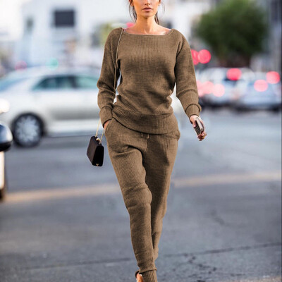 

Toponeto Women Casual Autumn And Winter Trousers Set Long Sleeve Crop Tops Pants