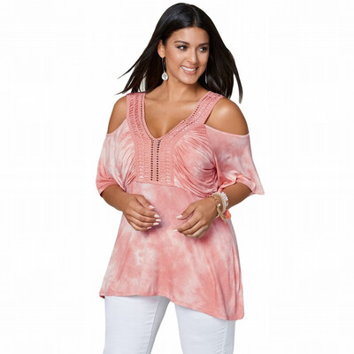 

V-neck short-sleeved tie-dye stitching lace Plus Size casual top