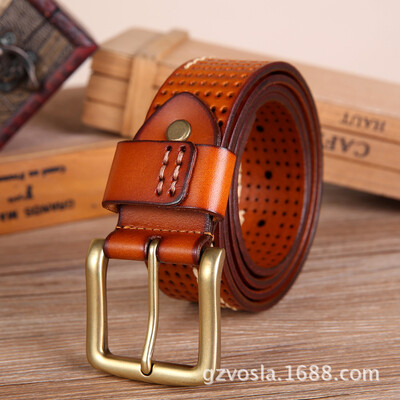 

New retro first layer leather mens belt leather belt hollow pin buckle mens casual wild jeans belt