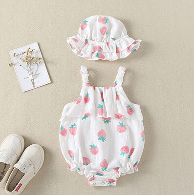 

Newborn Infant Baby Girls Straps Strawberry Print Romper Sunsuit Hat Bodysuit