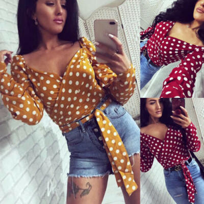 

UK Boho Womens Off Shoulder Polka Dot T-Shirt Ladies Summer Beach Tops Blouse