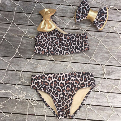 

3pcs Summer Kids Baby Girl Leopard Bow Bikini Set Swimwear Swimsuit Bathing Suit