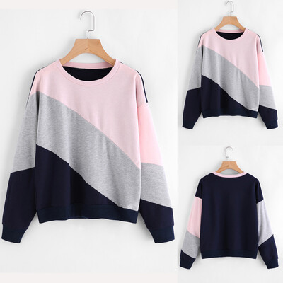 

Starmoon Women Casual Three-Color Stitching Long-Sleeved Loose Pullover Sweatshirt