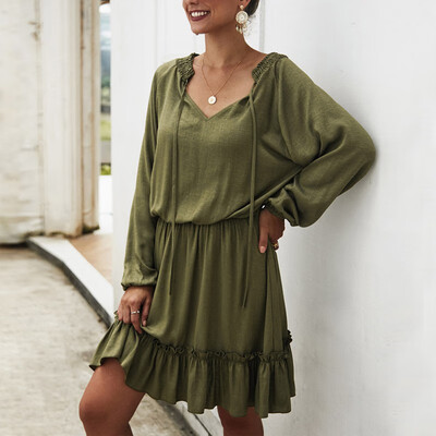 

Women Autumn Solid Color Wild V Collar Sexy Temperament Long Sleeve Ruffle Slim Shirts Casual Dress