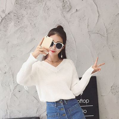 

White V-Neck Long Sleeve Lace Up Hollow Out Pullover Women Knitted Sweater Sleeves Split Female 2019 Autumn Winter Sweaters