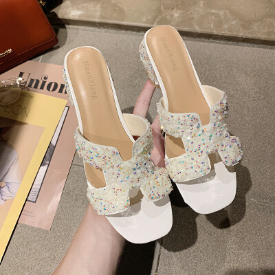 

Sandals&slippers women wear rhinestone rough heel beach shoes in summer the seaside tourist port fashion Joker net red H slip