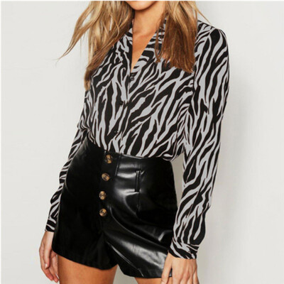 

New Women Shirt Zebra Print Long Sleeve Tops Ladies Loose Chiffon Blouse 6-14