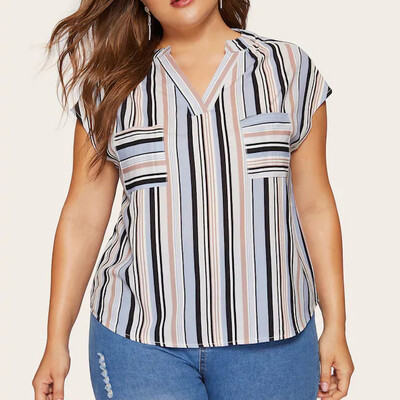 

Roseonmyhand Plus Size Womens Casual V-Neck Stripe Print Tops Sleeveless T Shirt Tee Blouse