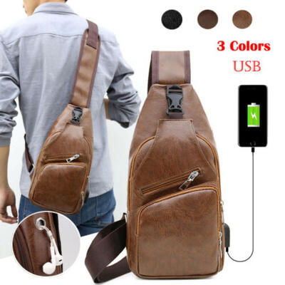 

Mens Shoulder Bag Sling Chest Pack Leather USB Charging Sport Crossbody Handbag