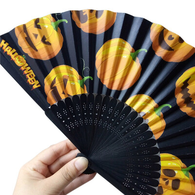 

〖Follure〗Halloween Pumpkin skull spider witch Hand Carved Bamboo Folding Fan Style Wooden