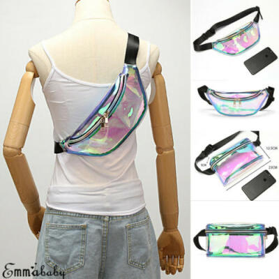 

UK New Women Transparent Sequin Waist Pack PU Belt Bum Bag Pouch Hip Small Purse