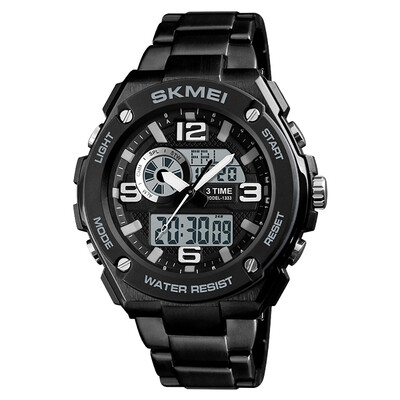 

SKMEI 1333 Men Quartz 3 Time Chrono Watches Countdown Analog Digital Display Wristwatch 5ATM Waterproof Fashion Casual Backlight M