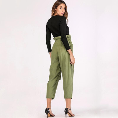 

Fashion Women Holes Harem Pants High Waist Solid Color Pleated Bow Tie Loose Trousers Streetwear