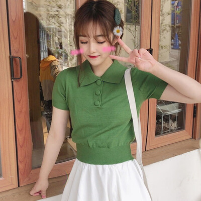 

Candy Color Harajuku Solid T Shirt Kawaii Short Sleeve Tee Tops Ladies Fashion Character Button Turn-down Collar T-shirt