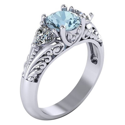 

Sterling Silver Round Cut Aquamarine Floral Engagement Promise Ring