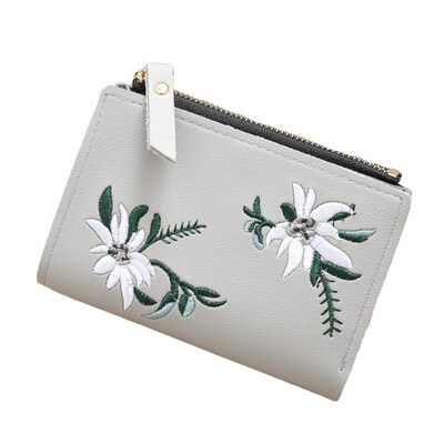 

Women Embroidery Faux Leather Coin Key Card Holder Zipper Purse Short Wallet