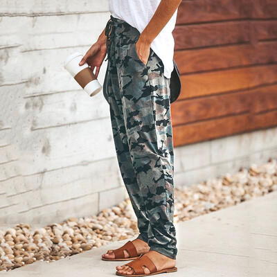 

Fashion Women Long Pants Camouflage Print Adjustable Waist Drawstring Loose Casual Camo Trousers
