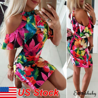 

Womens Sleeveless Floral Ruffled Bodycon Evening Cocktail Club Short Mini Dress