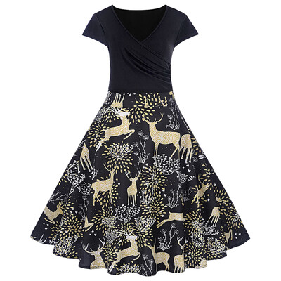 

Christmas Deer Print V Neck A Line Dress
