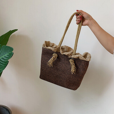 

Tailored Women Beach Print Drawstring Straw Bag Burlap Square Bag Beach Crossbody Bag