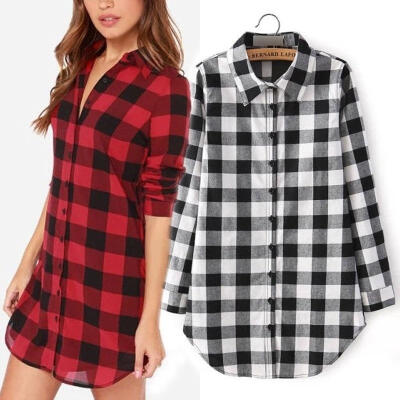 

Fashion Women Long Sleeve Blouse Plaid Print Shirt Single Breasted Cotton Shirt