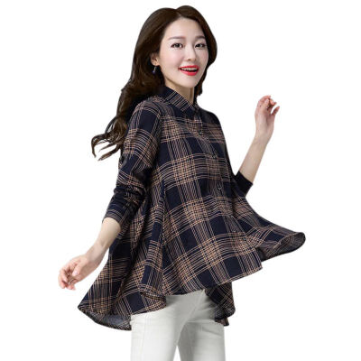 

Women Loose Plaid Print Irregular Hem Long Sleeve Lapel Button Casual Shirt Tops