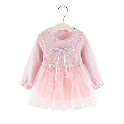 

Spring Baby Girls Dress Casual Long Sleeve Mesh Design Dress with Bowknot Costume Children Princess Dresses