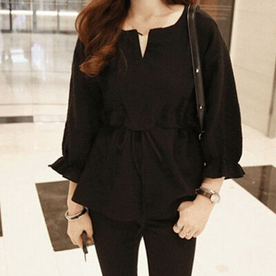 

Autumn Women Solid Color T-shirt Loose Lace Up Waist Drawstring Three Quarter Butterfly Sleeve Small Fresh Ruffles O Neck Tops