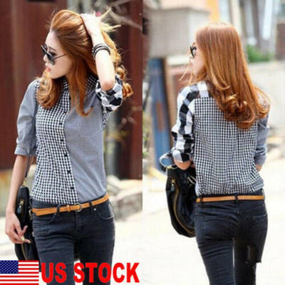 

Fashion Women Lady OL Plaid Shirt Long Sleeve Lapel Blouse Slim Fit Casual Top