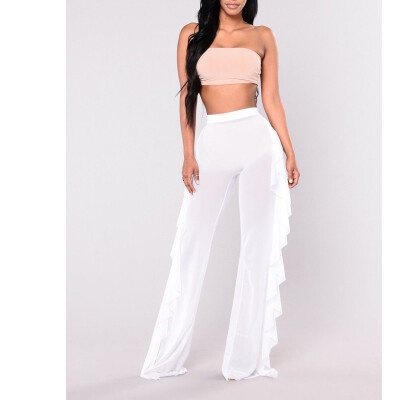 

Sexy Women Beach Mesh Ruffles Sheer Wide Leg Pants Bikini Cover Up Trousers Mesh Sheer See Through Plus Size Swimwear