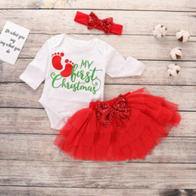 

3PCS Newborn Baby Girl My 1st Christmas Clothes RomperTutu Skirts Dress Outfits