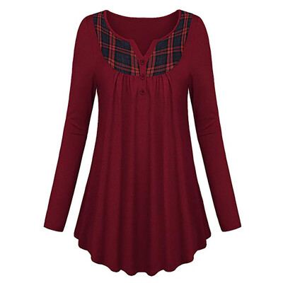 

Nomeni Women Henley Neck Long Sleeve Plaid Button Pleated Front Tunic Tops Blouse Shirt