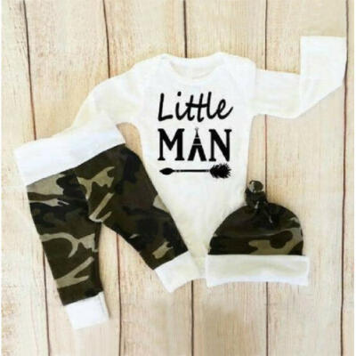 

UK Stock 3Pcs Newborn Baby Boys Cotton Tops Romper Camo Pants Hat Outfit Clothes